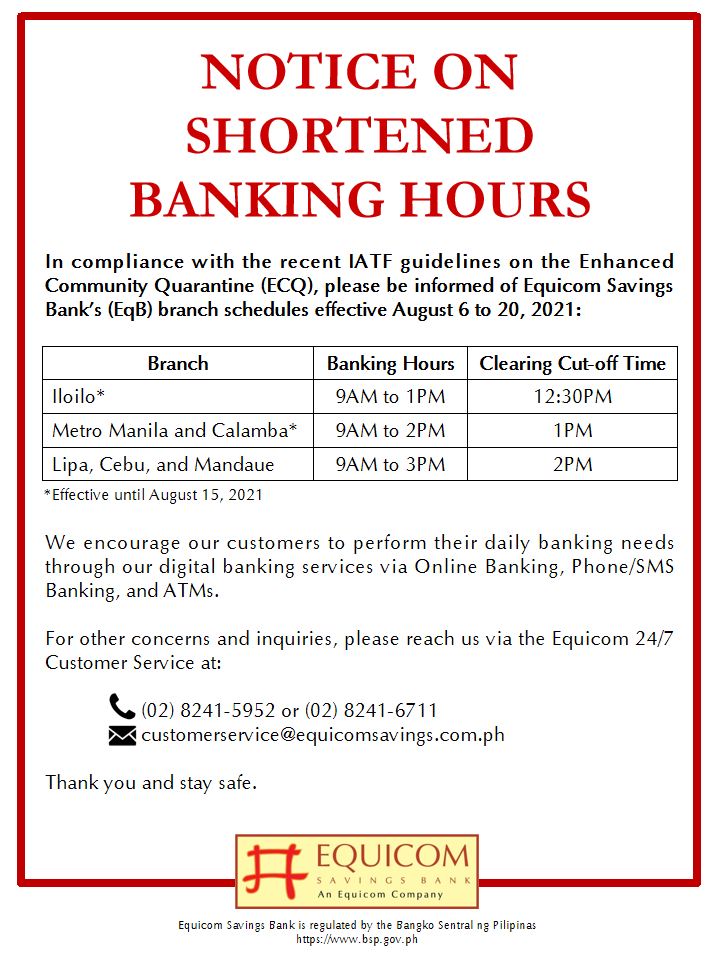 Notice on Shortened Banking Hours (Effective August 6 to 20, 2021