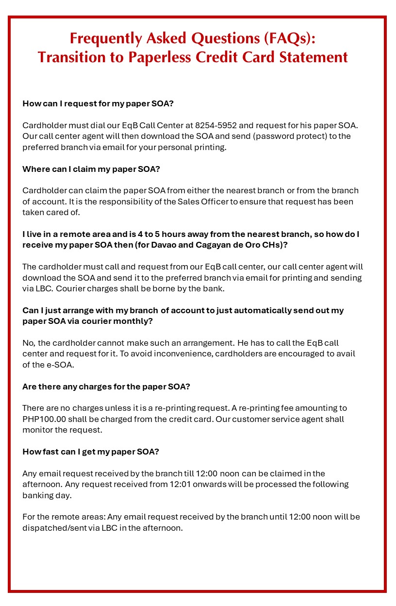 Frequently Asked Questions (FAQs) Transition to Paperless Credit Card Statements