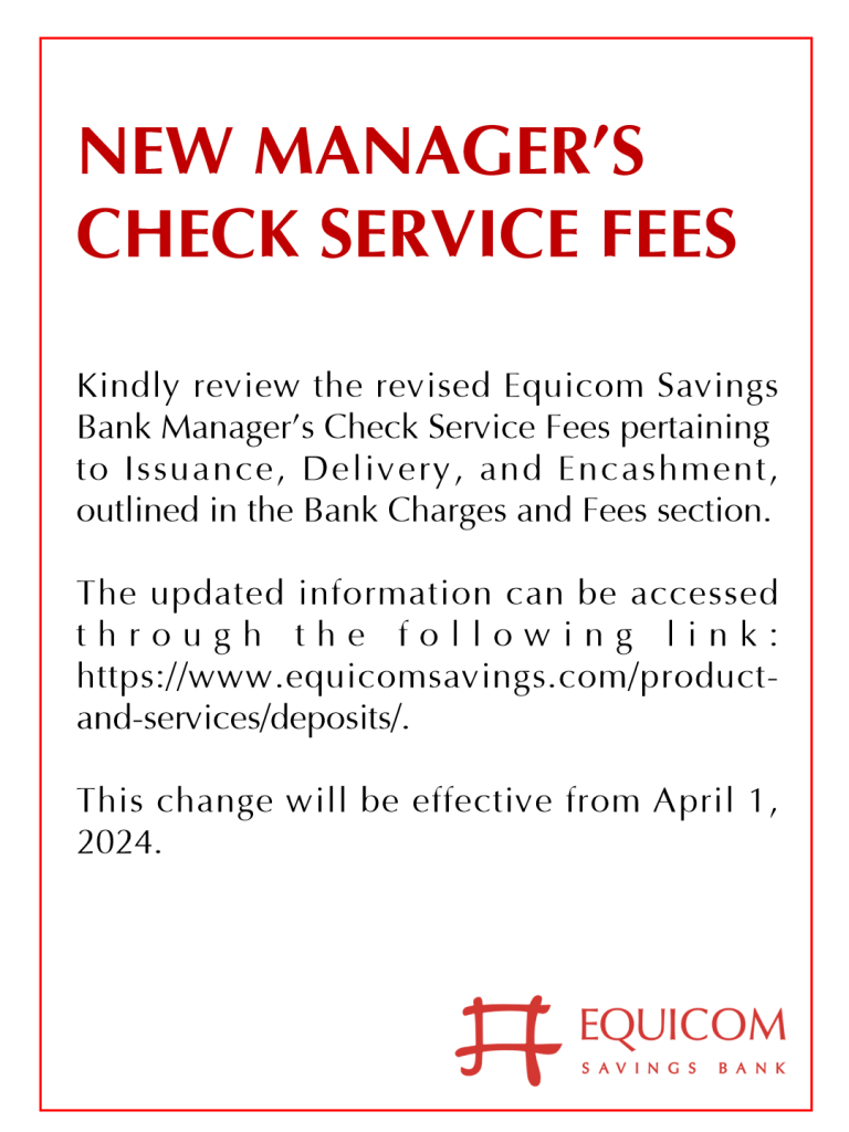 Check Image Service Fee Notice on New Manager's Check Service Fees - Equicom Savings Bank